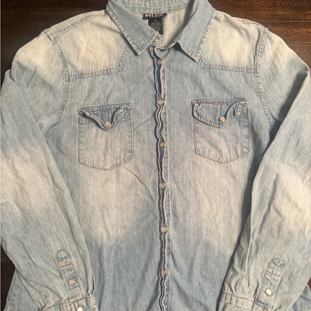 Y2K Wet Seal Light Blue Denim Button Down Shirt